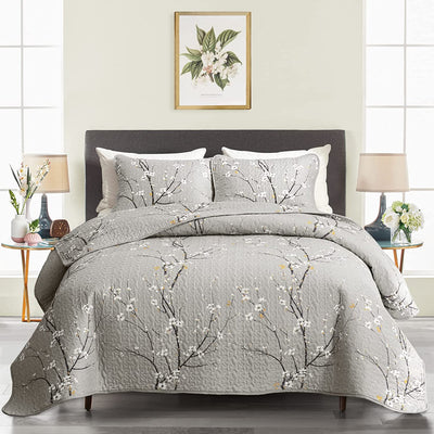 3 Piece Reversible Quilt Set Gray Branch Queen Full Size 88X88 Soft Microfiber Lightweight Coverlet Bedspread Summer Comforter Set Bed Cover for All Season (1 Quilt+ 2 Shams)