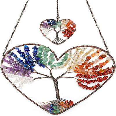 7 Chakra Healing Crystals Hanging Ornament Heart Shape Handmade Tree of Life Decoration Home Indoor Wall Decor for Good Luck Yoga Meditation Protection