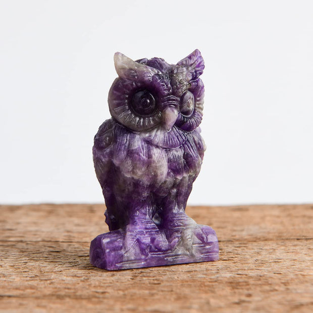 Crystal Owl Sculpture Statue Crafts Healing Reiki Pocket Gemstone Figurines (Amethyst)