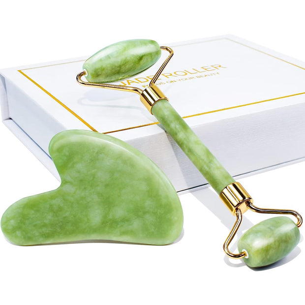 Jade Roller & Gua Sha, Natrue Jade Face Roller Gua Sha Tool Facial Skin Care Massager, Green