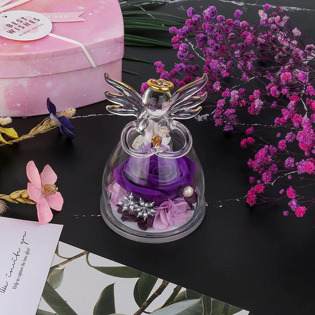 "Angelic Glass Figurine with Preserved Purple Rose - Perfect Gifts for Mom, Women, and Grandma"