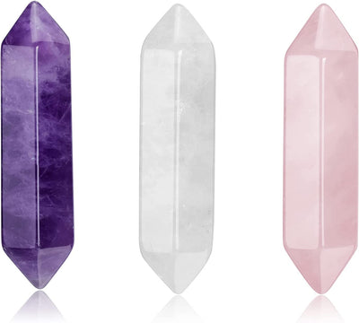 Healing Crystal Stones Set Hexagonal Natural Amethyst Rose Quartz Clear Quartz Reiki Healing Quartz Crystals Points Bulk Gemstone for Chakra Meditation Crystal Therapy 1.18"-1.3"