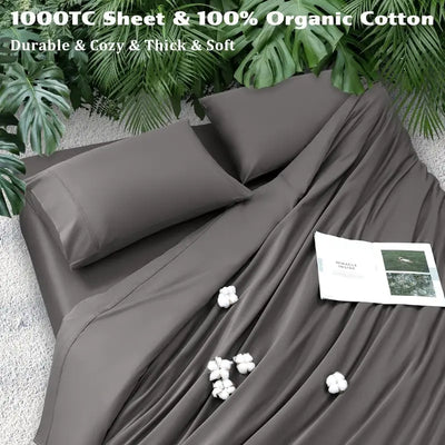 100% Natural Cotton Sheets Set, 1000 Thread Count Luxury Heavy 4 Pieces Bed Sheet Set, 1 Piece Solid Color Fitted Sheet,1Pc Flat Sheet & 2Pcs Pillowcases, 16-18'' Deep Pockets,Comfortable Bedding Set for Home & Hotel, Bedroom Accessories, Best Gift