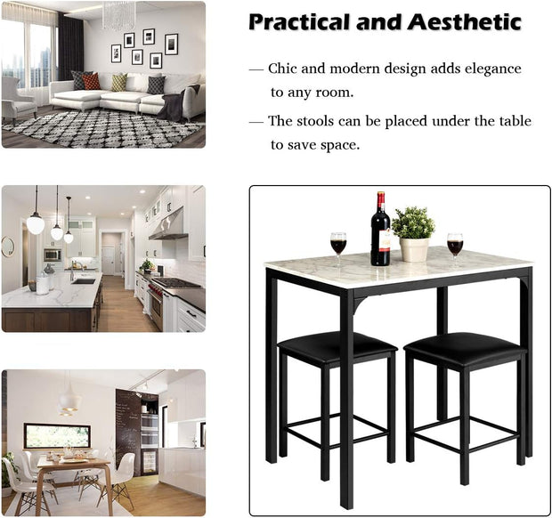 3 Pcs Dining Table and Chairs Set with Faux Marble Tabletop 2 Chairs Contemporary Dining Table Set for Home or Hotel Dining Room, Kitchen or Bar (White & Black)