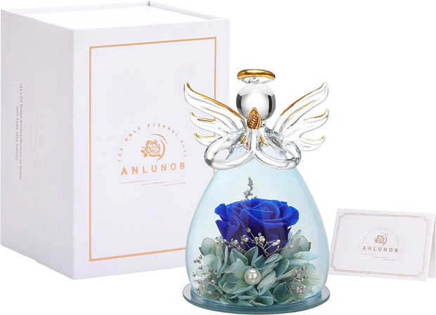 Preserved Rose for Women Birthday Gifts for Mon Gifts for Grandma Angel Figurines Purple Rose Flower Rose in Angel Statue Glass Cover Women Gifts Valentines Anniversary Wedding Gifts