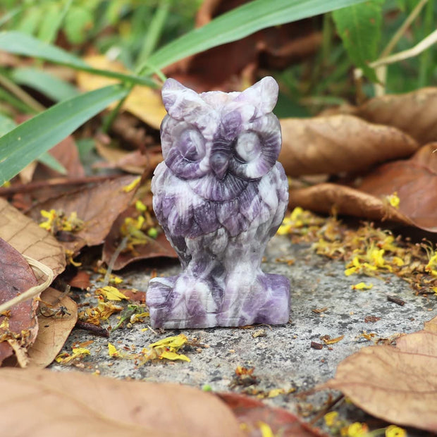 Crystal Owl Sculpture Statue Crafts Healing Reiki Pocket Gemstone Figurines (Amethyst)