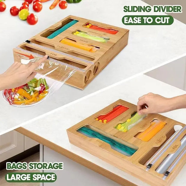 Wooden Plastic Bag Storage Box (1 Piece), Kitchen Accessories Portable Bamboo Plastic Film Cutting Box, Garbage Bag Clean Storage Box for Home Kitchen