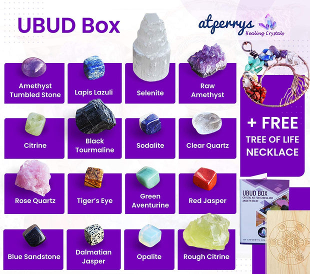 16 LARGE Natural Healing Crystals Set in Wooden Box - Tumbled, Rough & Raw Crystals, Including Selenite Tower, Black Tourmaline, Amethyst, Rose Quartz, Lapiz Lazuli, Citrine & Tiger'S Eye