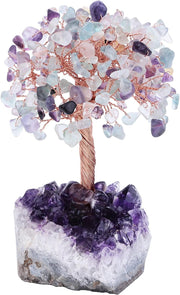 Healing Crystals Money Tree with Natural Amethyst Base, Crystal Stone Feng Shui Bonsai Figurines Tree of Life Decoration for Home Table Office, Fluorite