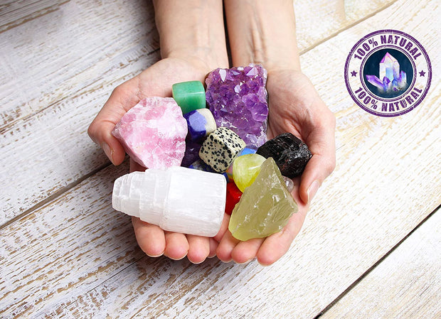 16 LARGE Natural Healing Crystals Set in Wooden Box - Tumbled, Rough & Raw Crystals, Including Selenite Tower, Black Tourmaline, Amethyst, Rose Quartz, Lapiz Lazuli, Citrine & Tiger'S Eye