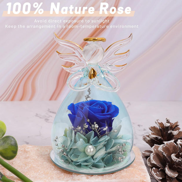 Preserved Rose for Women Birthday Gifts for Mon Gifts for Grandma Angel Figurines Purple Rose Flower Rose in Angel Statue Glass Cover Women Gifts Valentines Anniversary Wedding Gifts