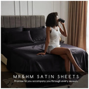 Satin Bed Sheets, Queen Size Sheets Set, 4 Pcs Silky Bedding Set with 15 Inches Deep Pocket for Mattress Queen, Black