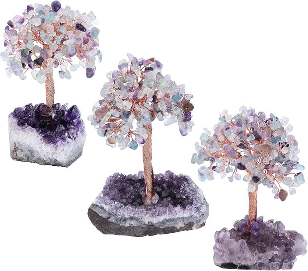 Healing Crystals Money Tree with Natural Amethyst Base, Crystal Stone Feng Shui Bonsai Figurines Tree of Life Decoration for Home Table Office, Fluorite