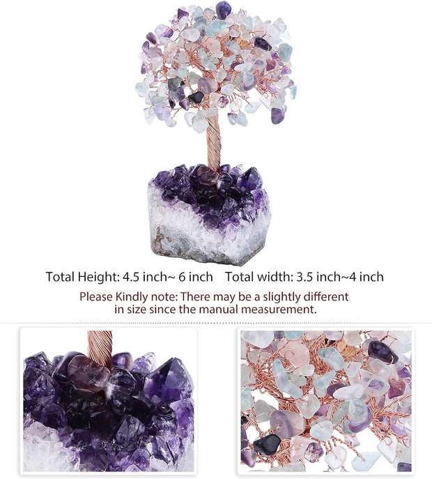 Healing Crystals Money Tree with Natural Amethyst Base, Crystal Stone Feng Shui Bonsai Figurines Tree of Life Decoration for Home Table Office, Fluorite