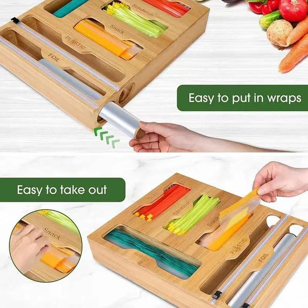 Wooden Plastic Bag Storage Box (1 Piece), Kitchen Accessories Portable Bamboo Plastic Film Cutting Box, Garbage Bag Clean Storage Box for Home Kitchen