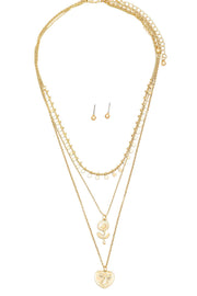 Dainty Layered Flower Heart Pendant Necklace & Ball Earring Set