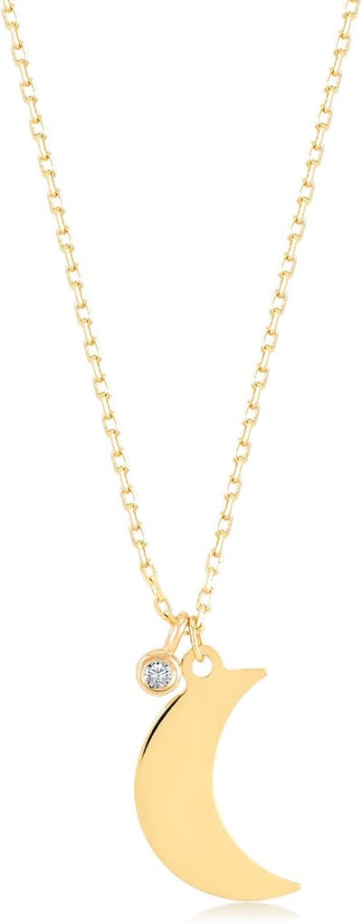 Diamond Classic Necklaces | 14K Yellow Gold Necklaces for Women | Crescent, Bar, Heart, Disc Pendant Necklace | 14K Solid Gold Dainty Gold Jewelry | Gifts for Christmas, 18"