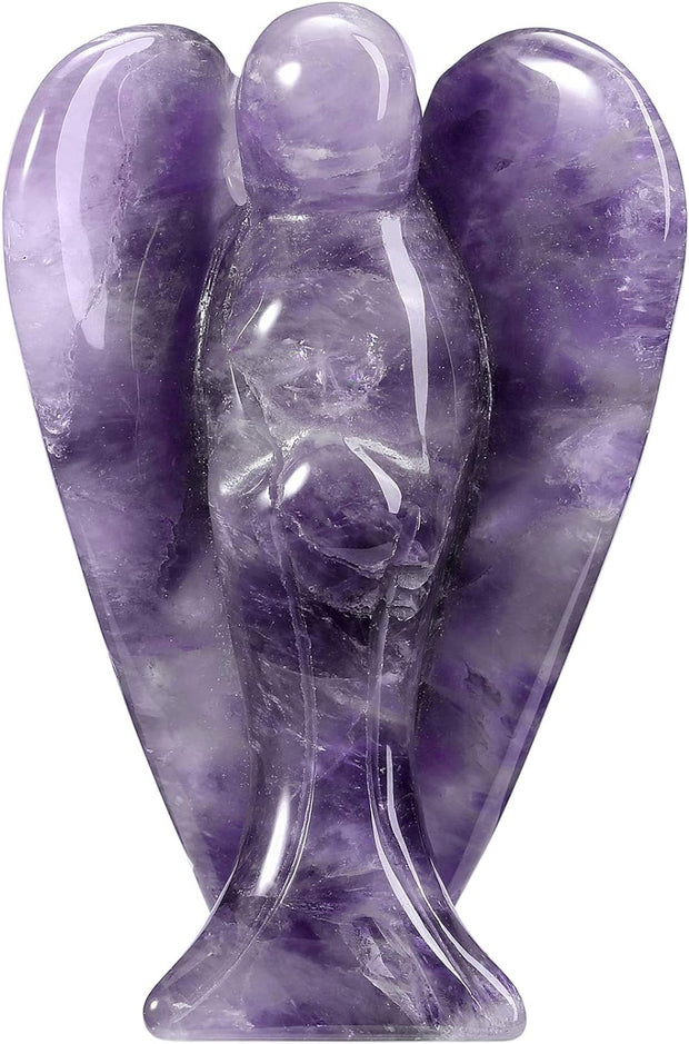 Amethyst Crystal Angel Figurine Natural Gemstone Hand Carved Pocket Peace Guardian Angel Statue Reiki Healing Crystals 3" Desk Ornament Home Decorations Protection W/Box