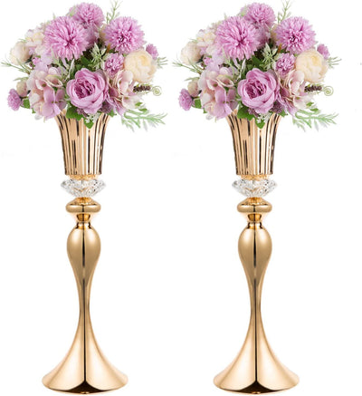 22In Tall Wedding Reception Centerpieces Flower Vases,Acrylic Crystal Flower Stands Wedding Gold Vases, Metal Centerpiece Vases for Table Décor, Christmas,Reception, Party (Gold, 2 Pcs)