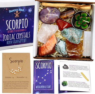 Scorpio Zodiac Healing Crystals Gift Set, (14 Pc): 9 Stones, 18K Gold-Plated Constellation Necklace, Meteorite, Succulent Candle, Palo Santo Smudge Stick, and Info Guide, Made in the USA