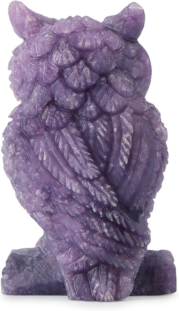 2" Purple Lepidolite Crystal Owl Decor Figurines Carved Gemstone Animals Owl Statue Sculpture Reiki Healing Crystals Stones Decorations for Home Office with Gift Box