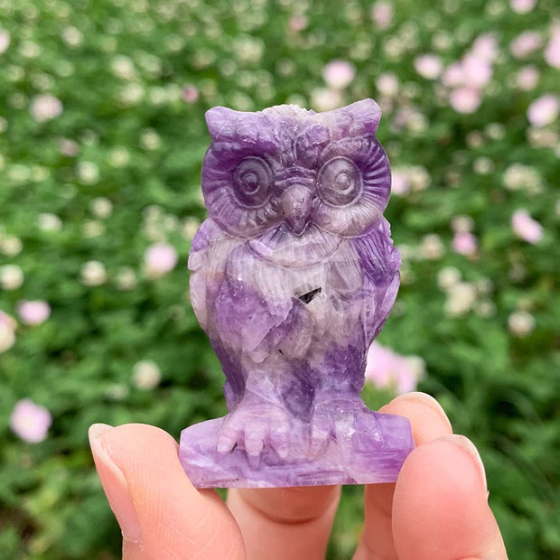 Crystal Owl Sculpture Statue Crafts Healing Reiki Pocket Gemstone Figurines (Amethyst)