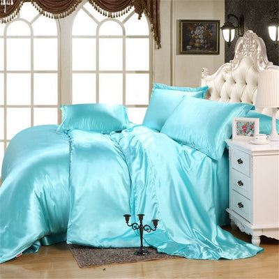 100% Pure Silky Satin 4-Piece Bed Fitted with Duvet Set- Comforter Cover, Two Pillowcases Full, Sky Blue