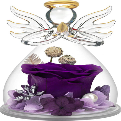 "Angelic Glass Figurine with Preserved Purple Rose - Perfect Gifts for Mom, Women, and Grandma"