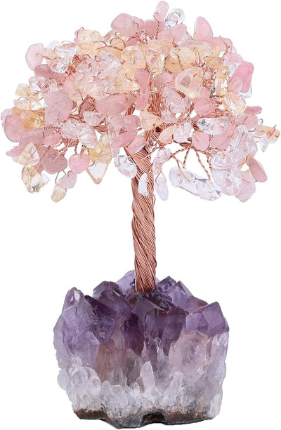 Healing Crystals Money Tree with Natural Amethyst Base, Crystal Stone Feng Shui Bonsai Figurines Tree of Life Decoration for Home Table Office, Triple Color Crystal