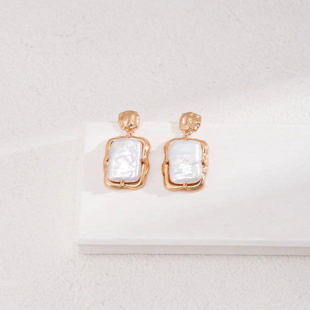 Rectangle Link Pearl Earrings