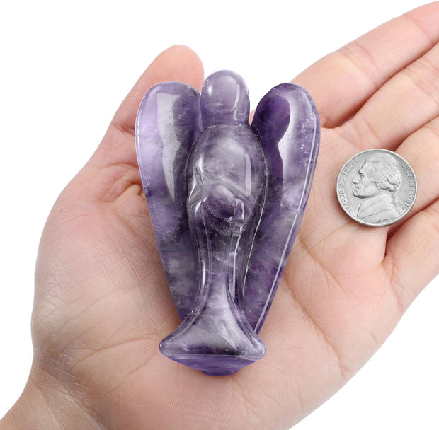 Amethyst Crystal Angel Figurine Natural Gemstone Hand Carved Pocket Peace Guardian Angel Statue Reiki Healing Crystals 3" Desk Ornament Home Decorations Protection W/Box